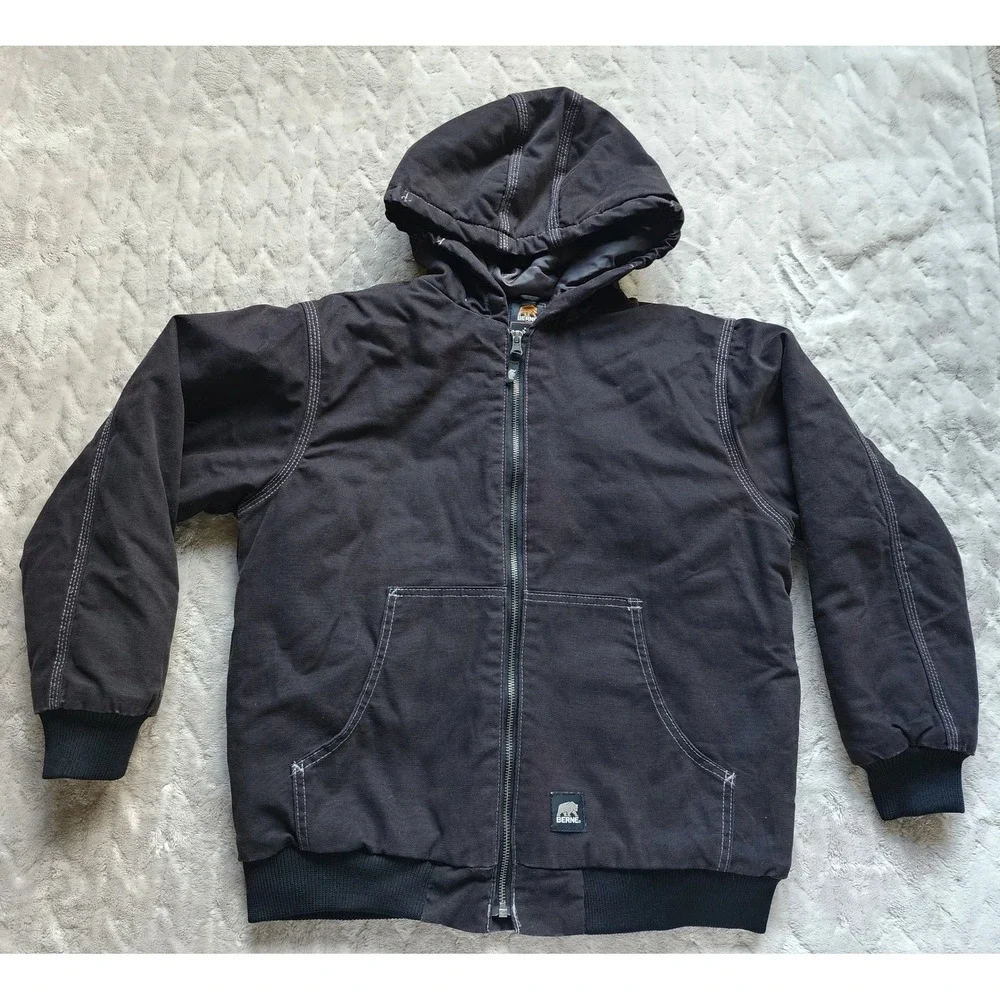 Berne Kids Black Canvas Hooded Workwear Jacket L Cotton Duck Zip Up Coat